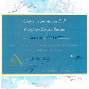 Certificat de formation en énergétique chinoise intuitive obtenu par Laurence Lambert