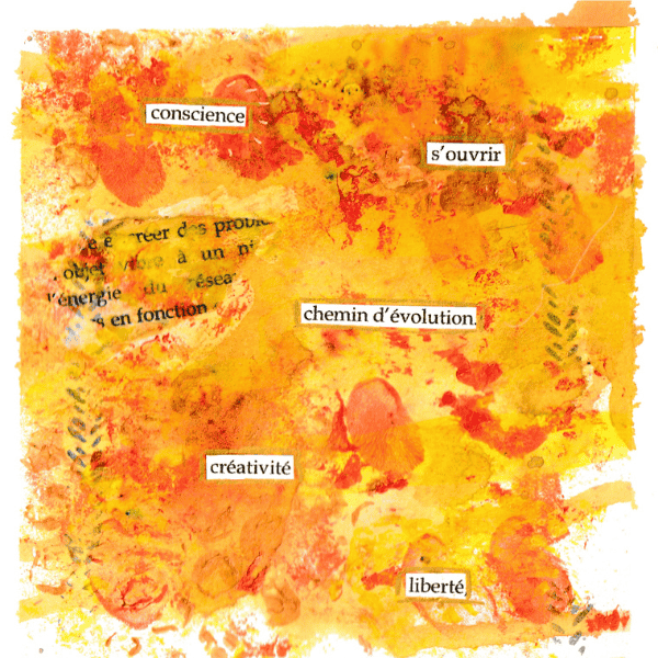 Création artistique en mixed média illustrant la conscience, le chemin d’évolution et la créativité intérieure