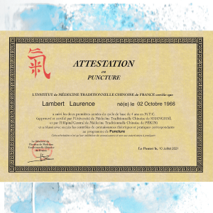 Diplôme en acupuncture obtenu en Médecine Traditionnelle Chinoise par Laurence Lambert