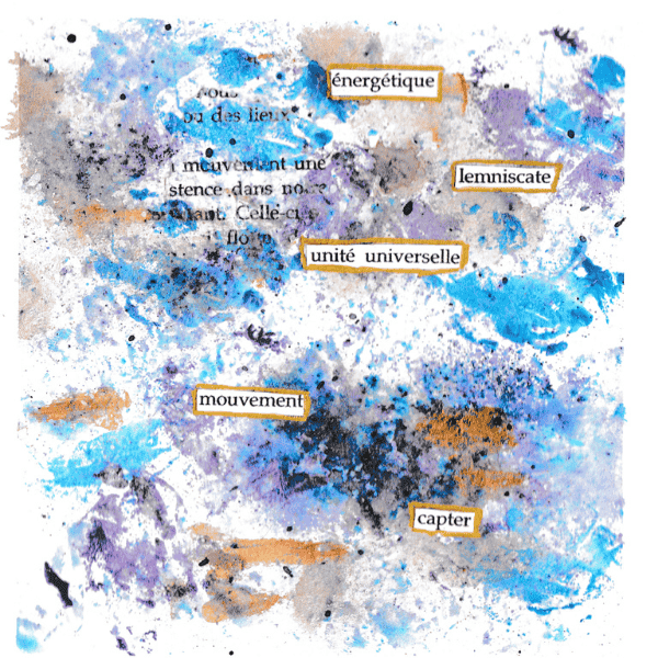 Création artistique en mixed média illustrant le mouvement énergétique, l’unité universelle et les soins à distance