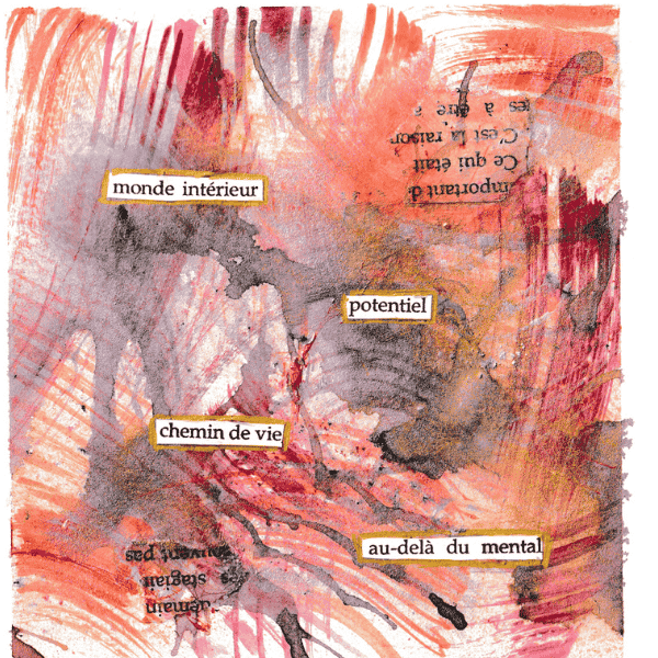 Création artistique en mixed média illustrant le monde intérieur, le potentiel et la transformation en ostéofluidique